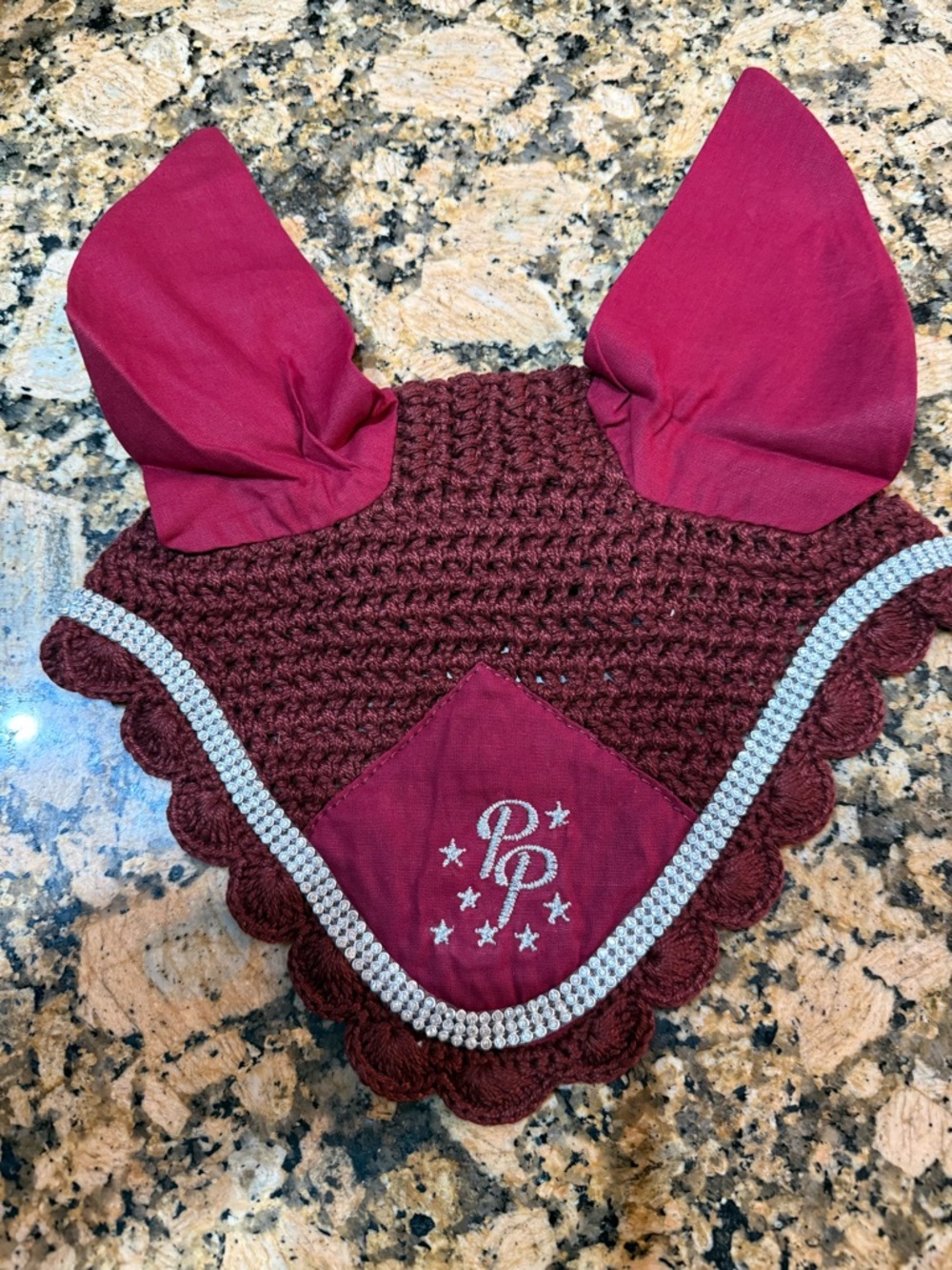 Equestrian Burgundy Ear Crochet EAR bonnet with silver rhinestones horse size